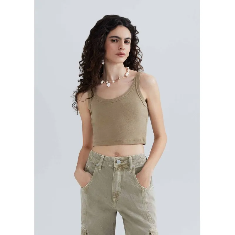 Regata Básica Feminina Cropped Em Ribana Canelada - Caqui XXG