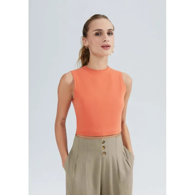 Regata Feminina Cropped Em Malha Com Elastano - Laranja XP