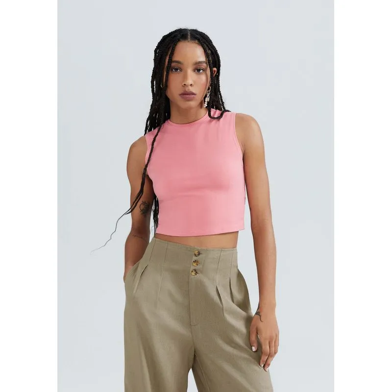 Regata Feminina Cropped Em Malha Com Elastano - Rosa XG