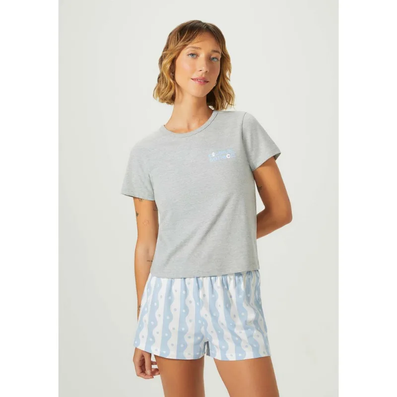 Pijama Curto Feminino Com Estampa - Cinza M