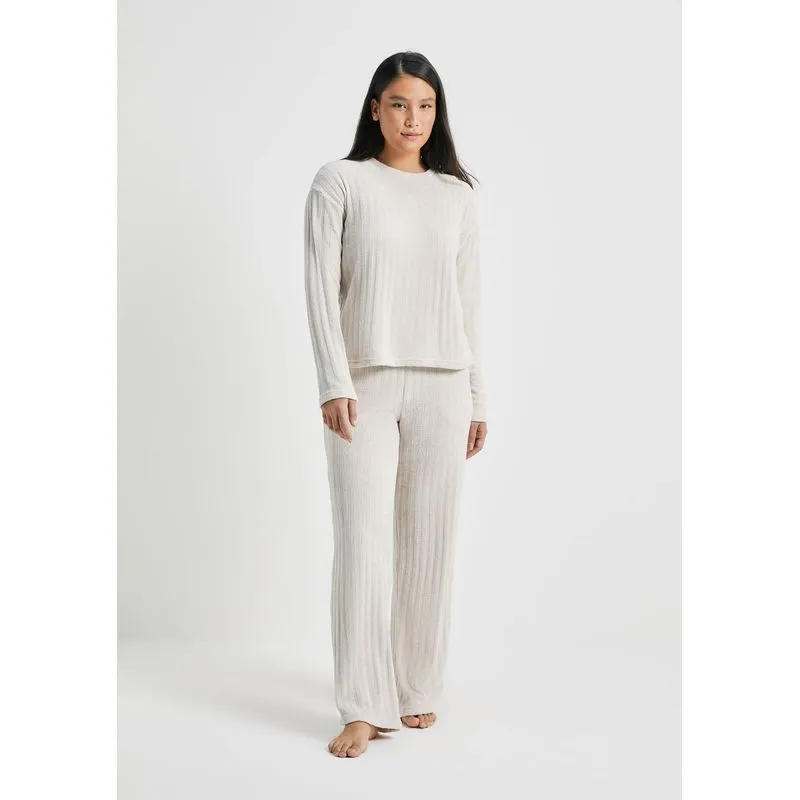 Pijama Longo Feminino Em Tricô Chenille - Off white P