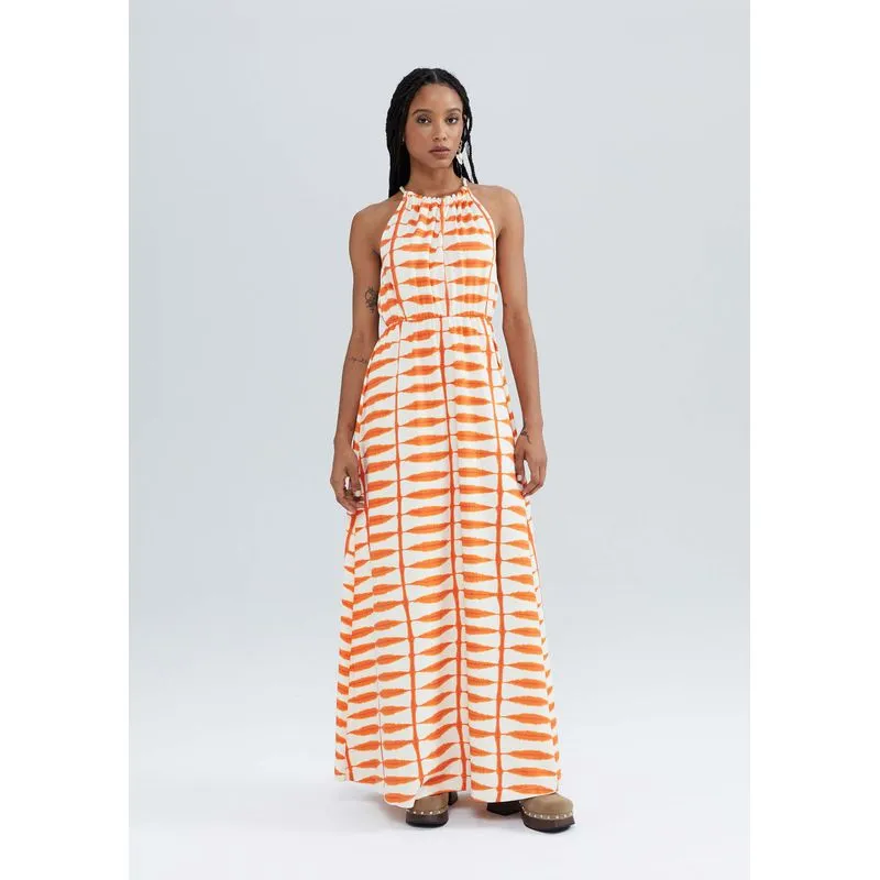 Vestido Longo Estampado Decote Halterneck - Laranja P