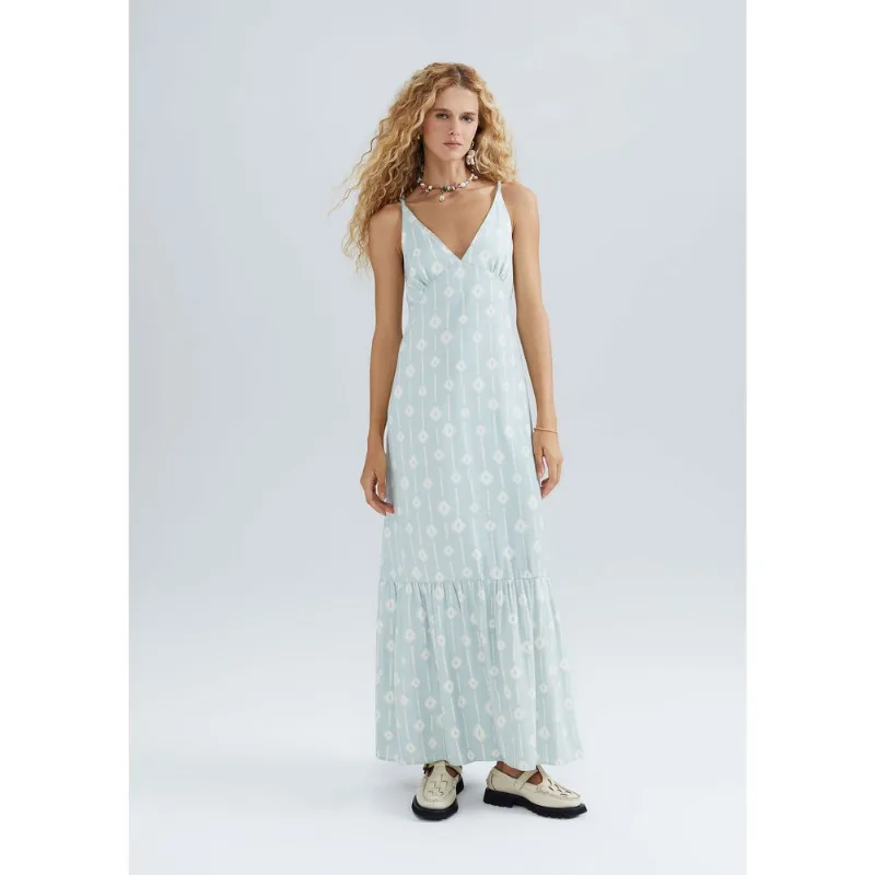 Vestido Longo Estampado Com Franzidos - Verde XP