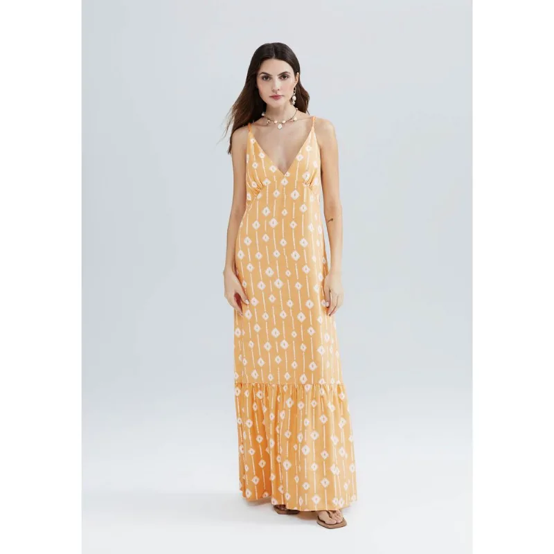 Vestido Longo Estampado Com Franzidos - Laranja XG