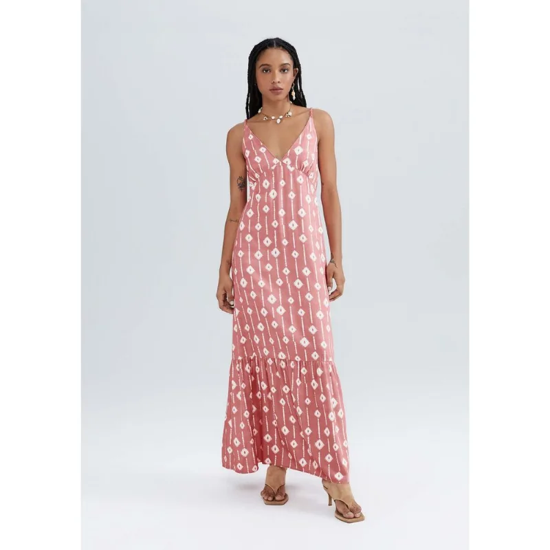 Vestido Longo Estampado Com Franzidos - Vermelho P