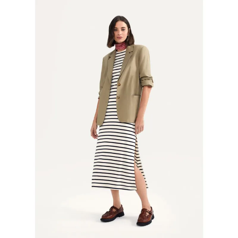 Vestido Midi Listrado Em Ribana Canelada - Creme P