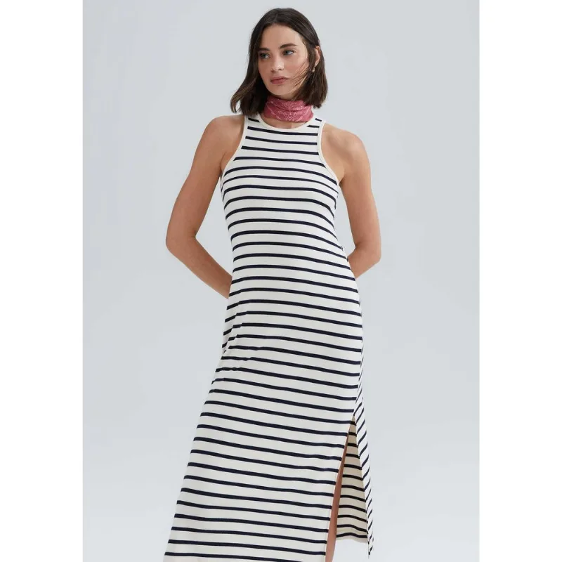 Vestido Midi Listrado Com Fenda - Azul XG