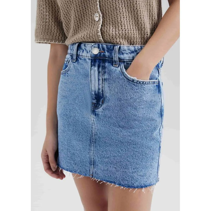 Saia Jeans Cintura Média Barra A Fio - Azul 044