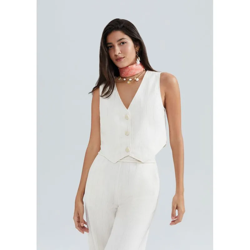 Colete Feminino Decote V Com Linho - Off white M