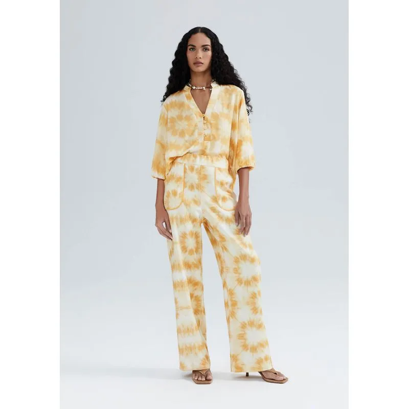 Calça Feminina Reta Estampada Cintura Alta - Amarelo XG