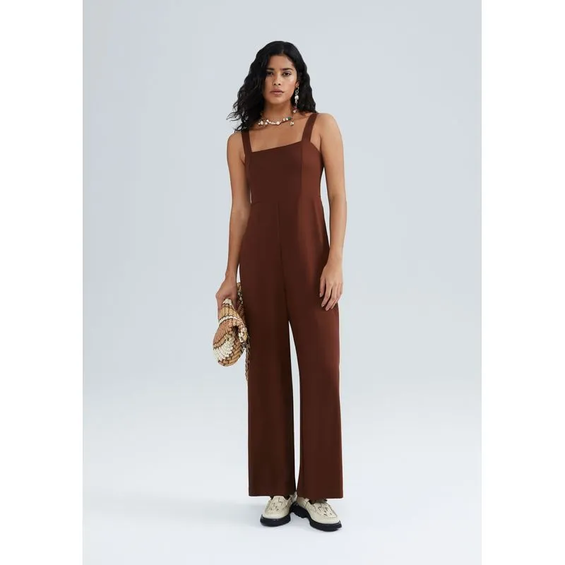 Macacão Longo Feminino Alças Médias - Marrom P