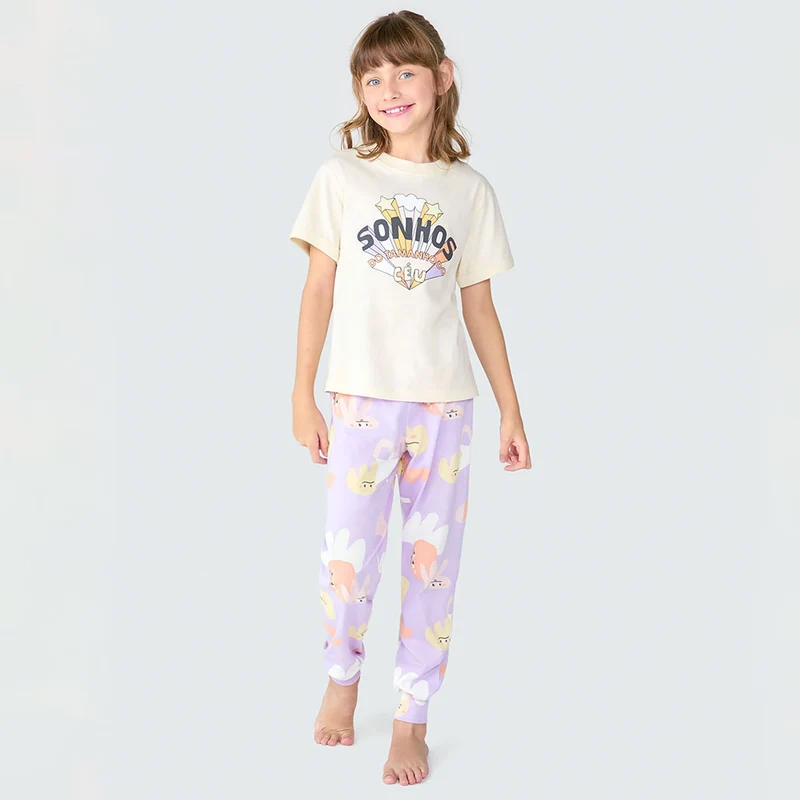 Pijama Manga Curta e Calça Sonhos Hering Infantil Bege - Feminino 06 / Menina
