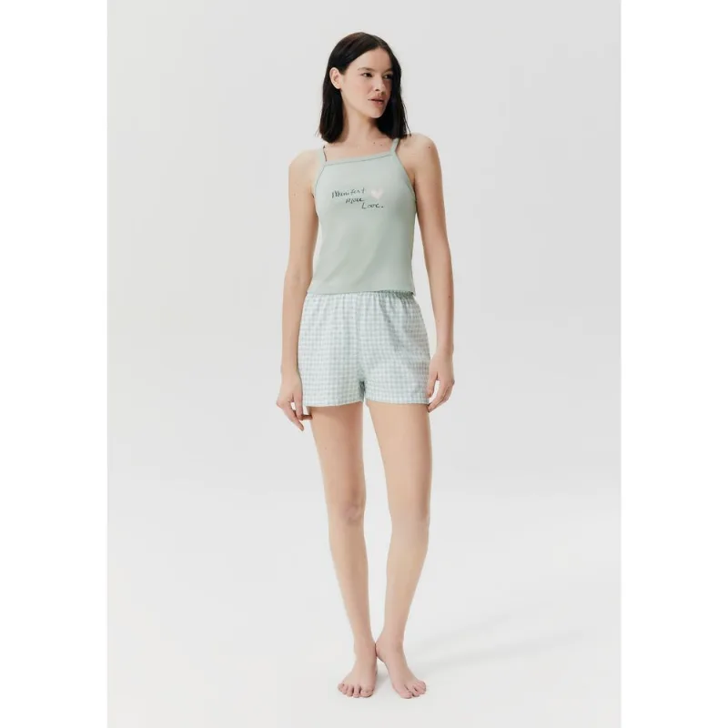 Pijama Curto Feminino Estampado Em Ribana - Verde XG