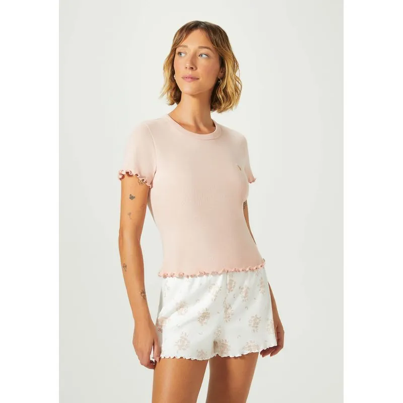 Pijama Curto Feminino Estampado Com Frufru - Rosa P