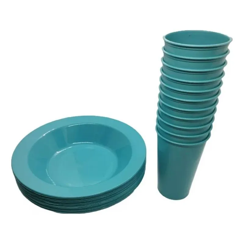 Kit 10 Copos + 10 Pratos Redondos Fundos De Plá Azul-celeste
