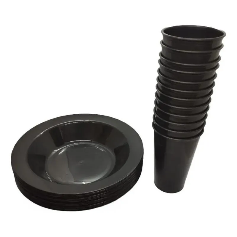 Kit 10 Copos + 10 Pratos Redondos Fundos De Plástico C Preto