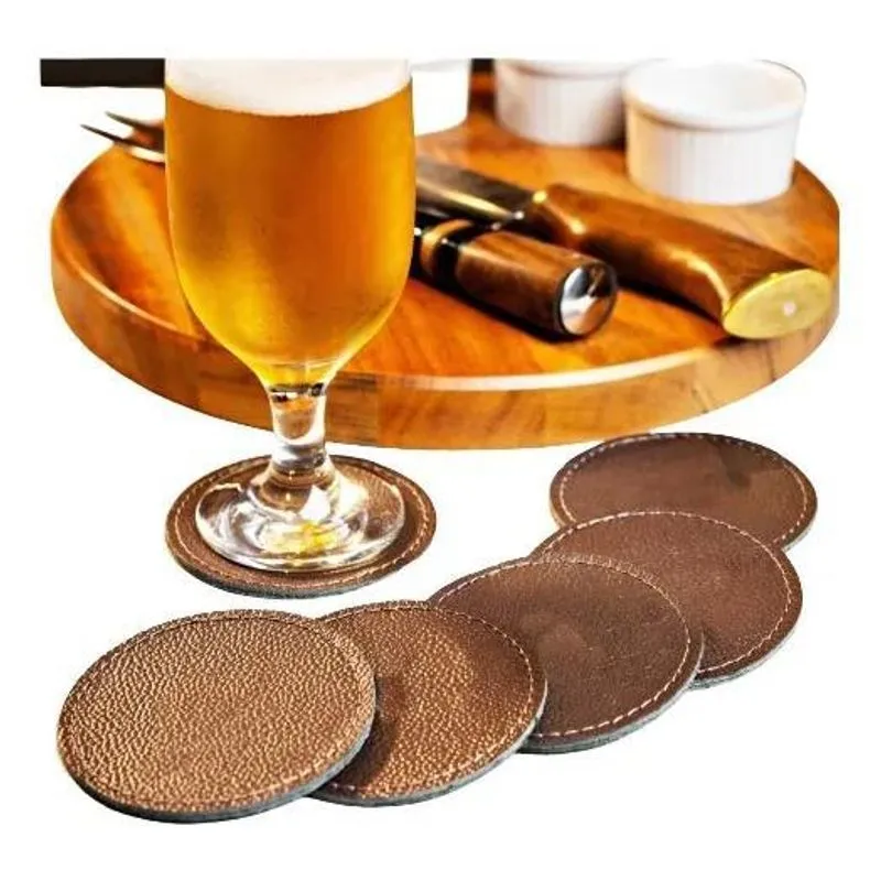 Bolacha Porta Copo Descanso Mesa Em Couro Kit Com 6 Café
