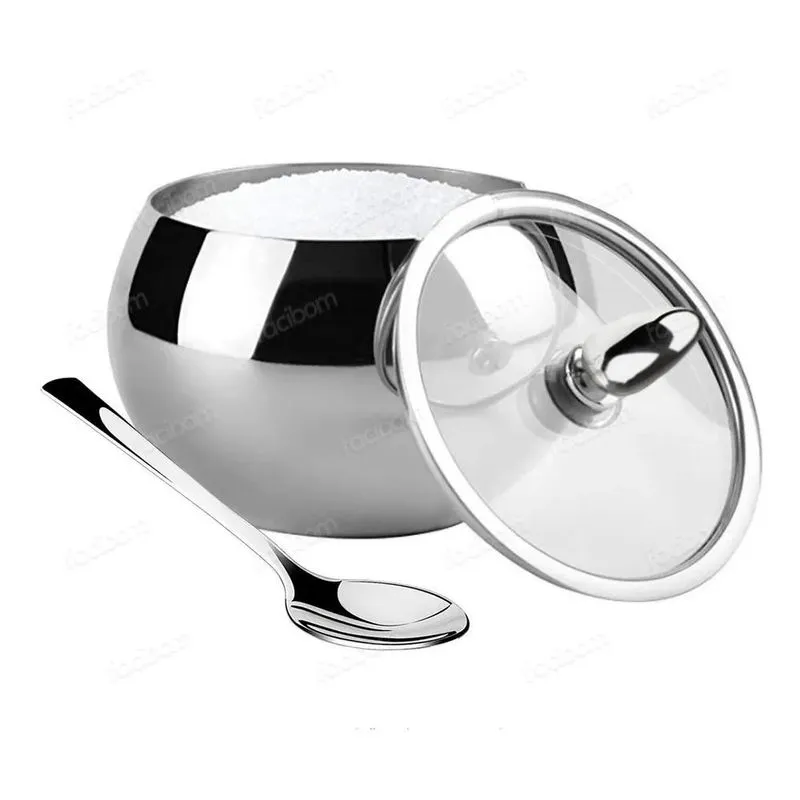 Açucareiro Em Aço Inox Com Tampa De Vidro E Colher Cozinha
