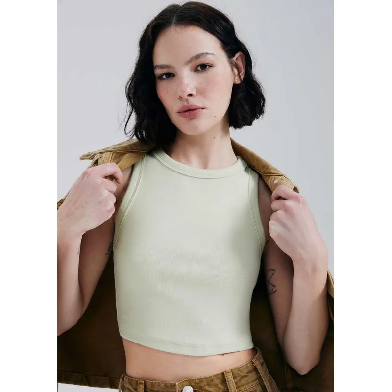 Regata Feminina Cropped Decote Halter Neck Em Ribana Canelada - Verde M