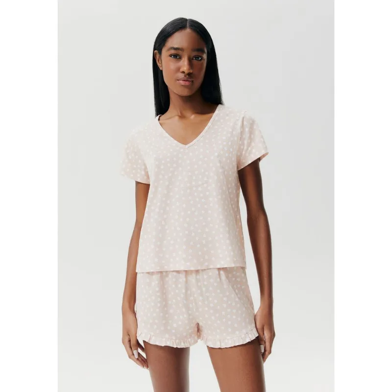 Pijama Curto Feminino Estampado Decote V - Rosa P