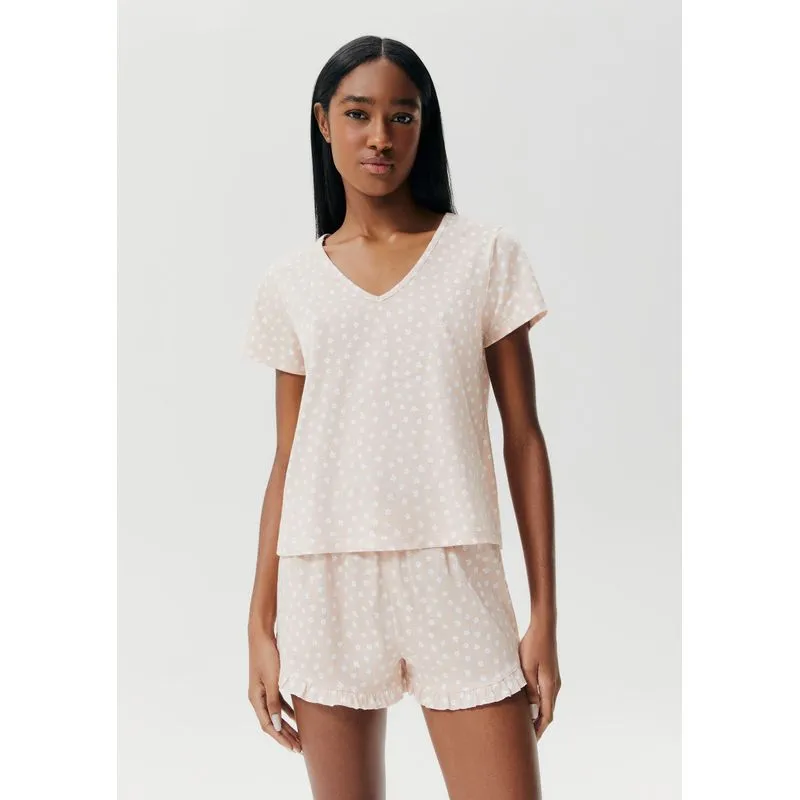 Pijama Curto Feminino Estampado Decote V - Rosa M