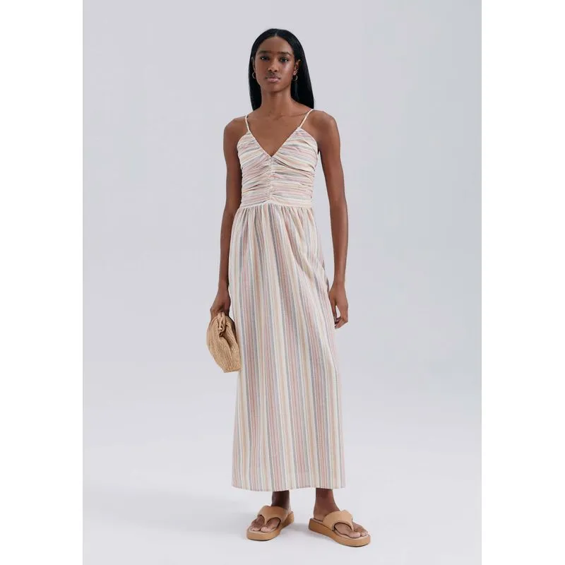 Vestido Midi Fio Tinto Decote V - Multicolorido P