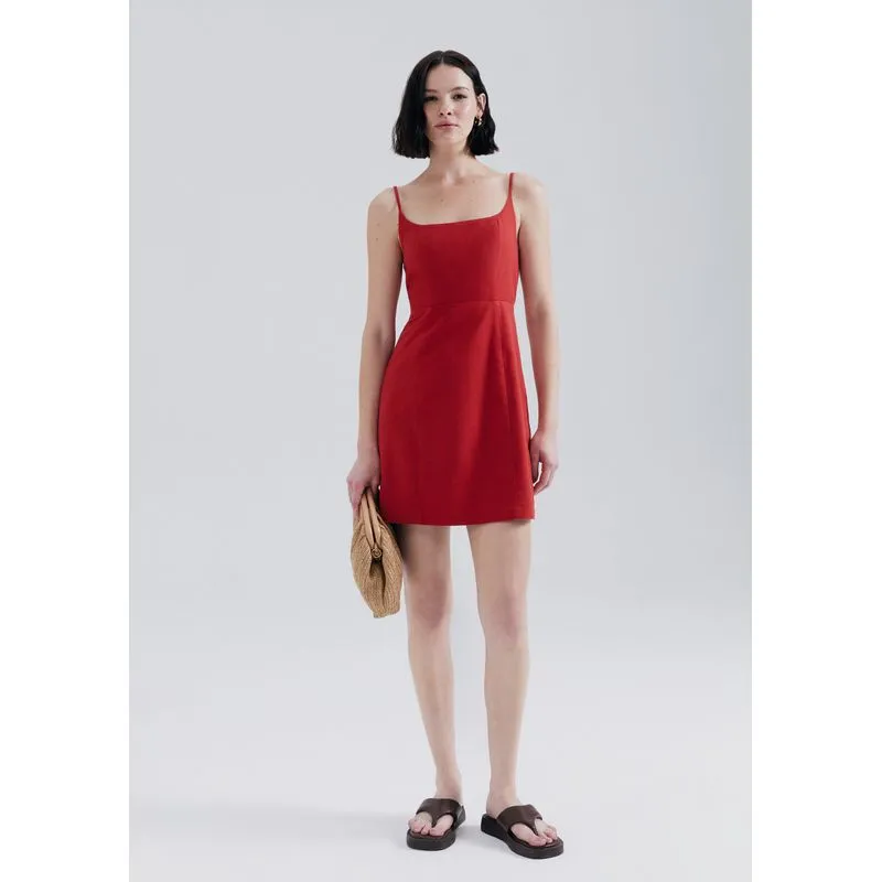 Vestido Curto Com Linho - Vermelho M