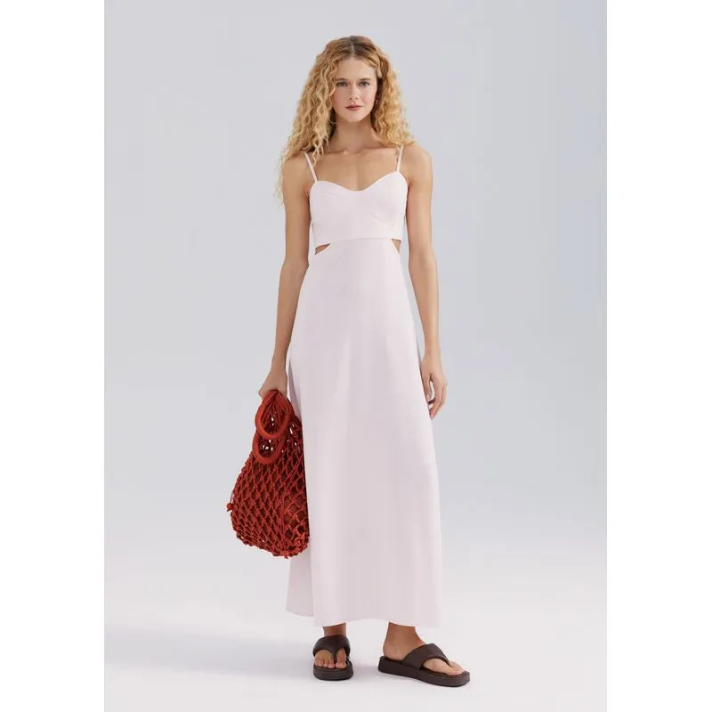 Vestido Midi Evasê Com Lastex Em Linho - Rosa XG