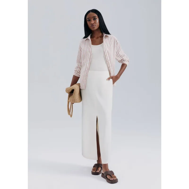 Saia Midi Cintura Média Com Linho - Off white 036