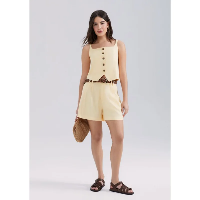 Shorts Feminino Em Alfaiataria Com Linho - Amarelo 044