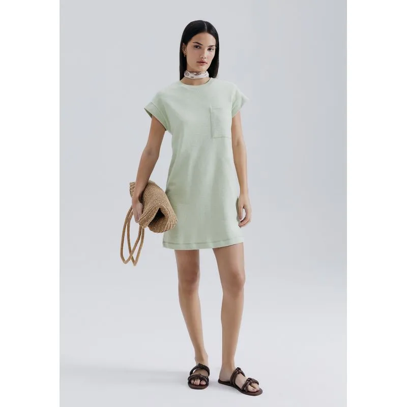 Vestido Básico Curto Texturizado Com Bolso - Verde G