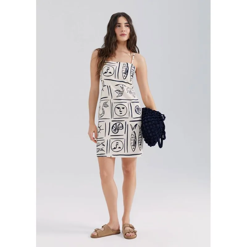 Vestido Curto Estampado Decote Quadrado - Creme XG