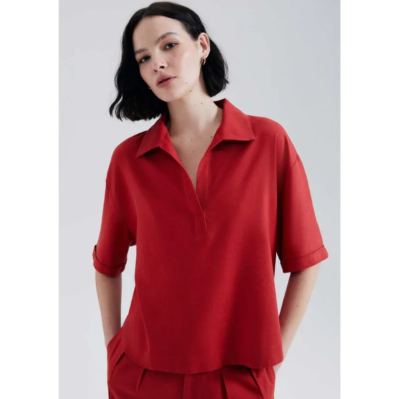 Camisa Polo Feminina Com Linho - Vermelho P