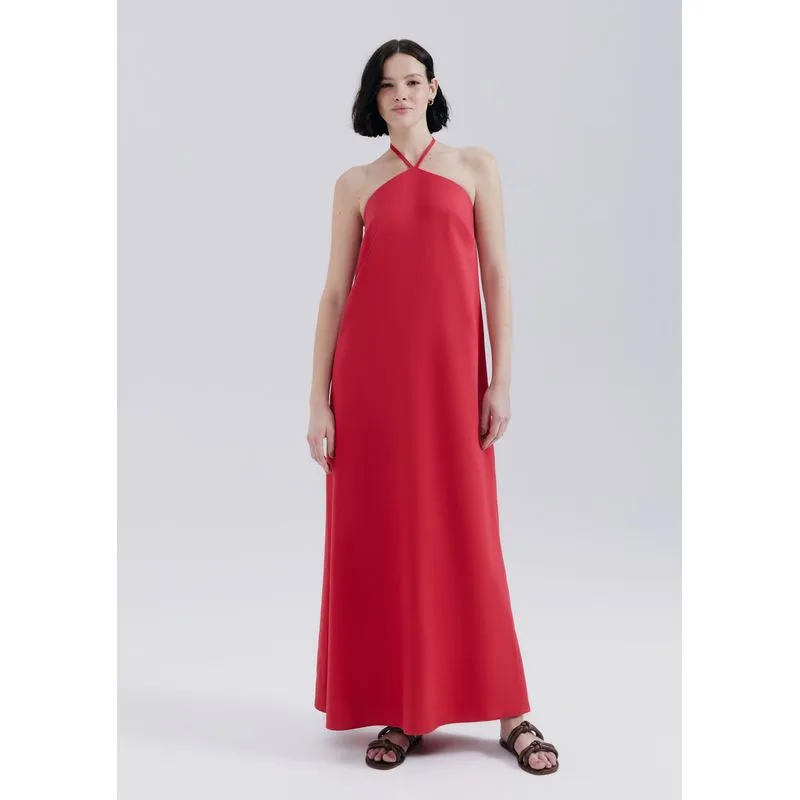 Vestido Midi Halterneck Em Viscolinho - Vermelho P