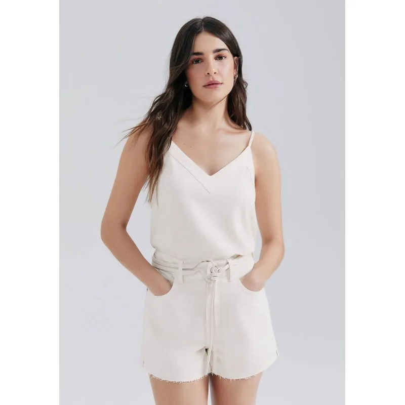 Regata Feminina Decote V Com Linho - Creme P