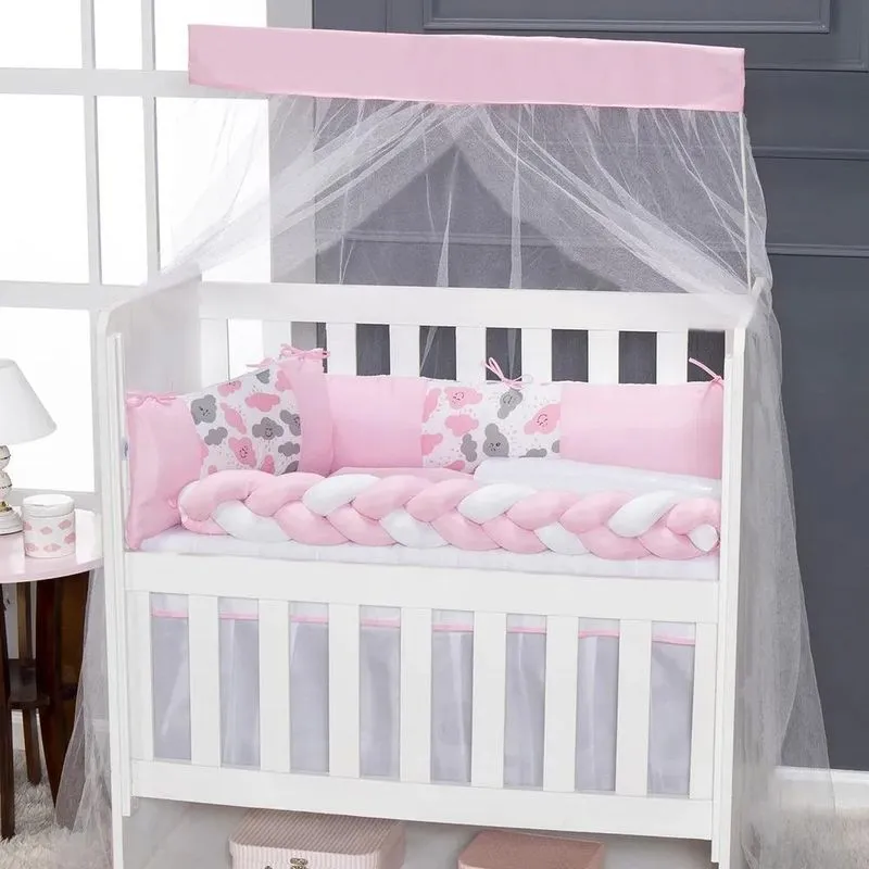 Kit Mini Berço Menina Menino 5 Peças Nuvem Rosa