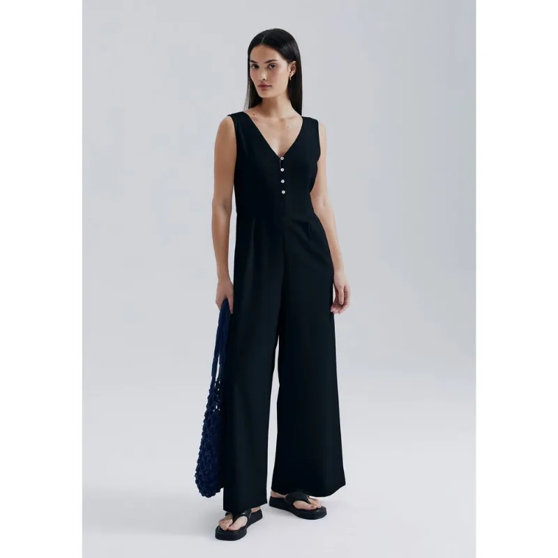Macacão Longo Wide Leg Com Linho - Preto M