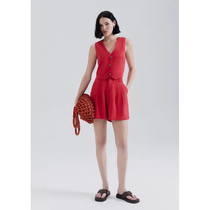 Shorts Feminino Cintura Alta Em Alfaiataria - Vermelho 042