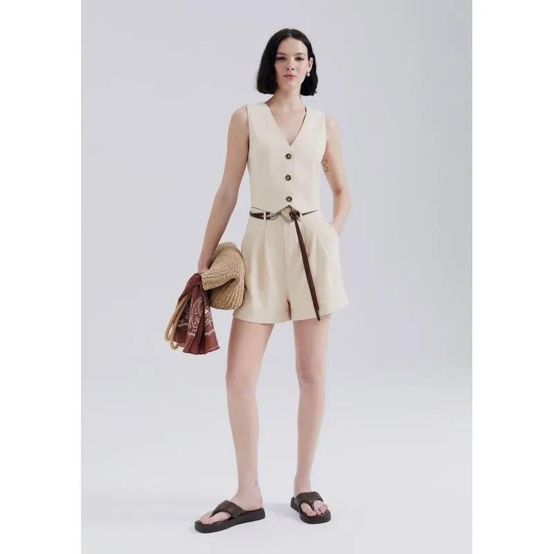 Shorts Feminino Cintura Alta Em Alfaiataria - Creme 044