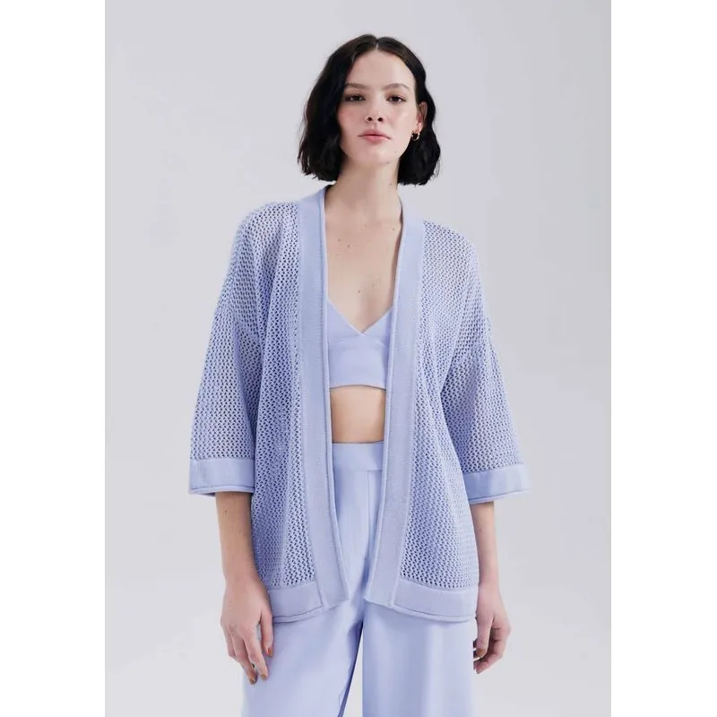 Kimono Feminino Manga 7/8 Em Tricô Texturizado - Lilás M