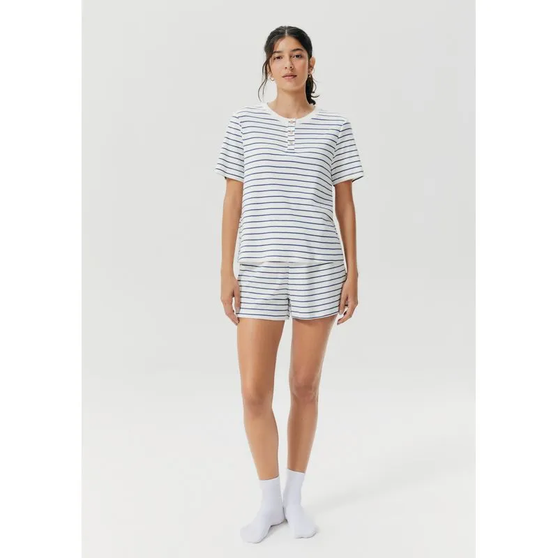 Pijama Curto Feminino Comfort Listrado Decote Henley - Azul XG