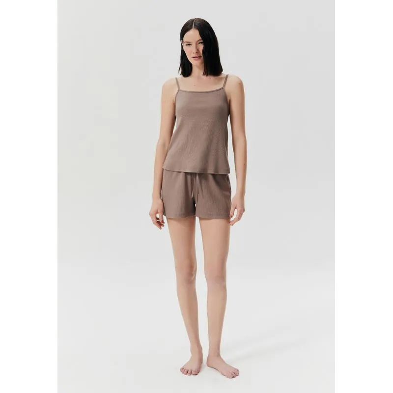 Pijama Curto Feminino Em Ribana Com Linho - Marrom XG