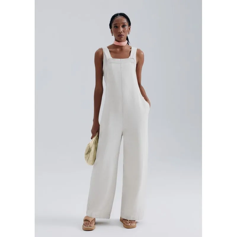 Jardineira Em Sarja Com Linho - Off white P