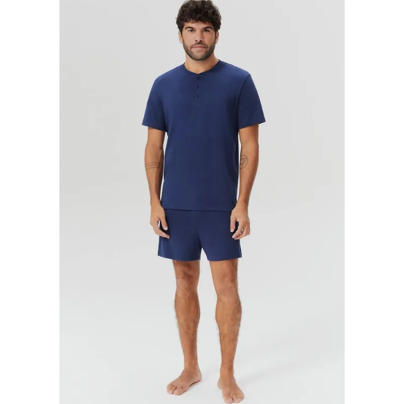 Pijama Curto Masculino Decote Henley Em Malha Premium - Azul P