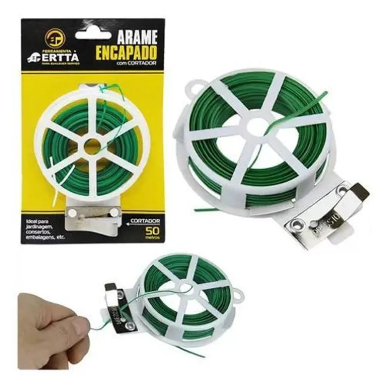 Rolo 50m Arame Encapado Para Jardinagem E Plantas C/cortador
