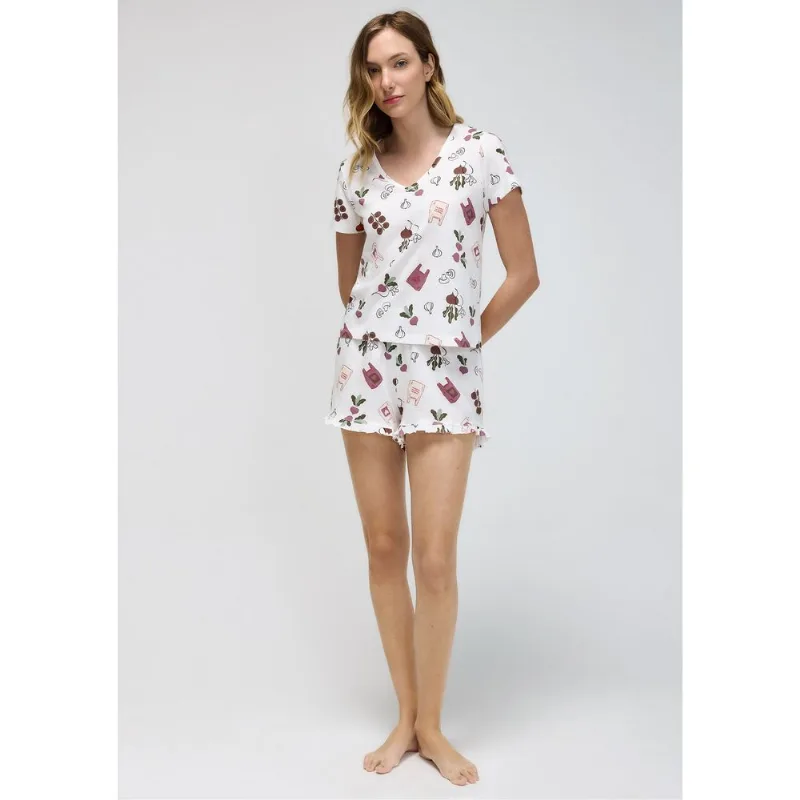 Pijama Curto Feminino Estampado Decote V - Off white M
