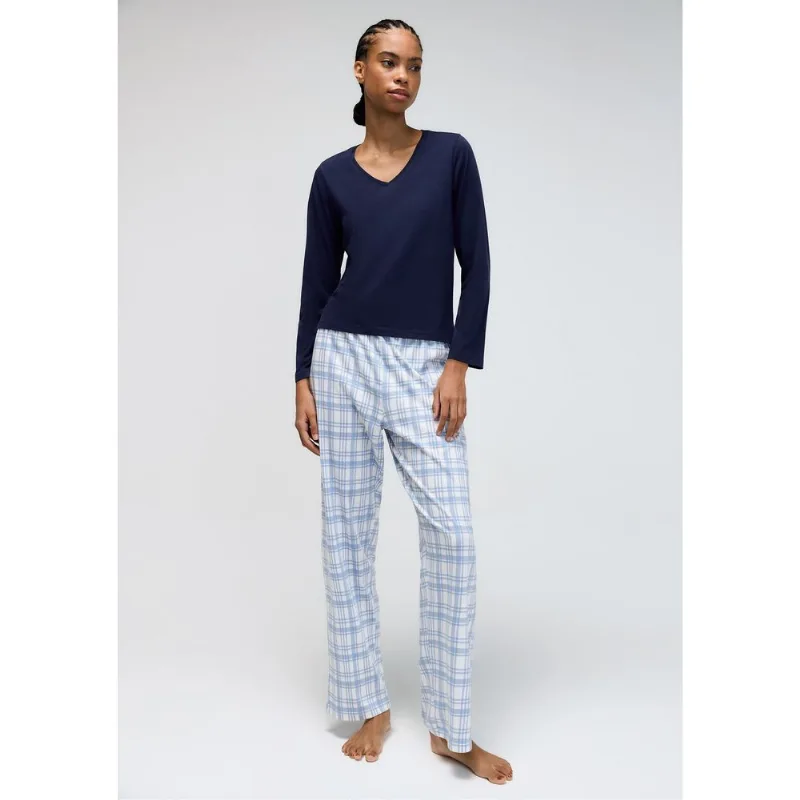Pijama Longo Feminino Decote V - Azul G
