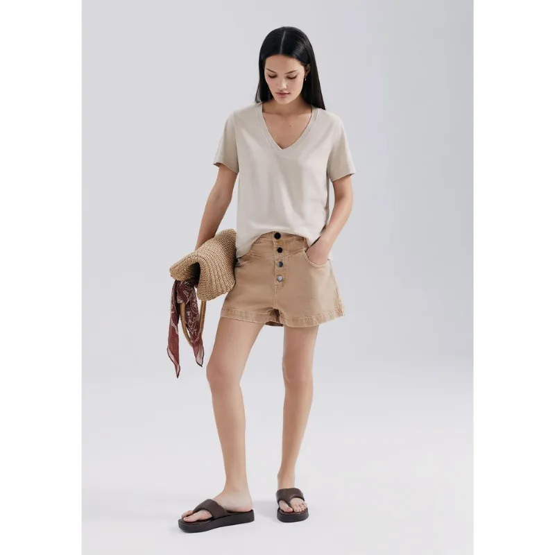 Shorts De Sarja Feminino Estonado - Bege 040