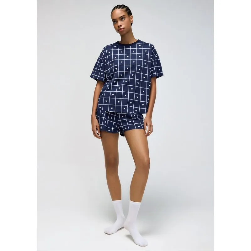 Pijama Curto Feminino Estampado Oversized - Azul XP
