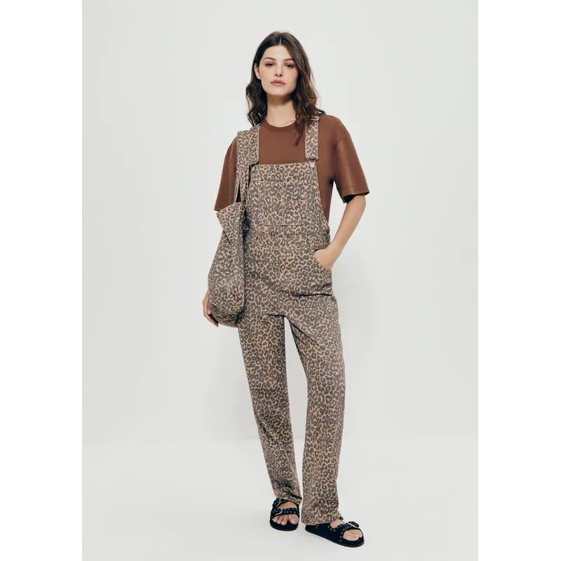 Jardineira Longa De Sarja Animal Print - Marrom M